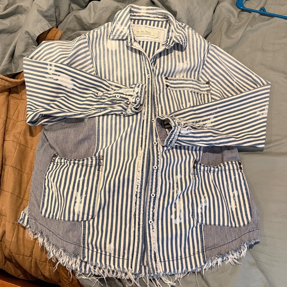 We The Free *oversized* white and and navy pinstriped distressed top